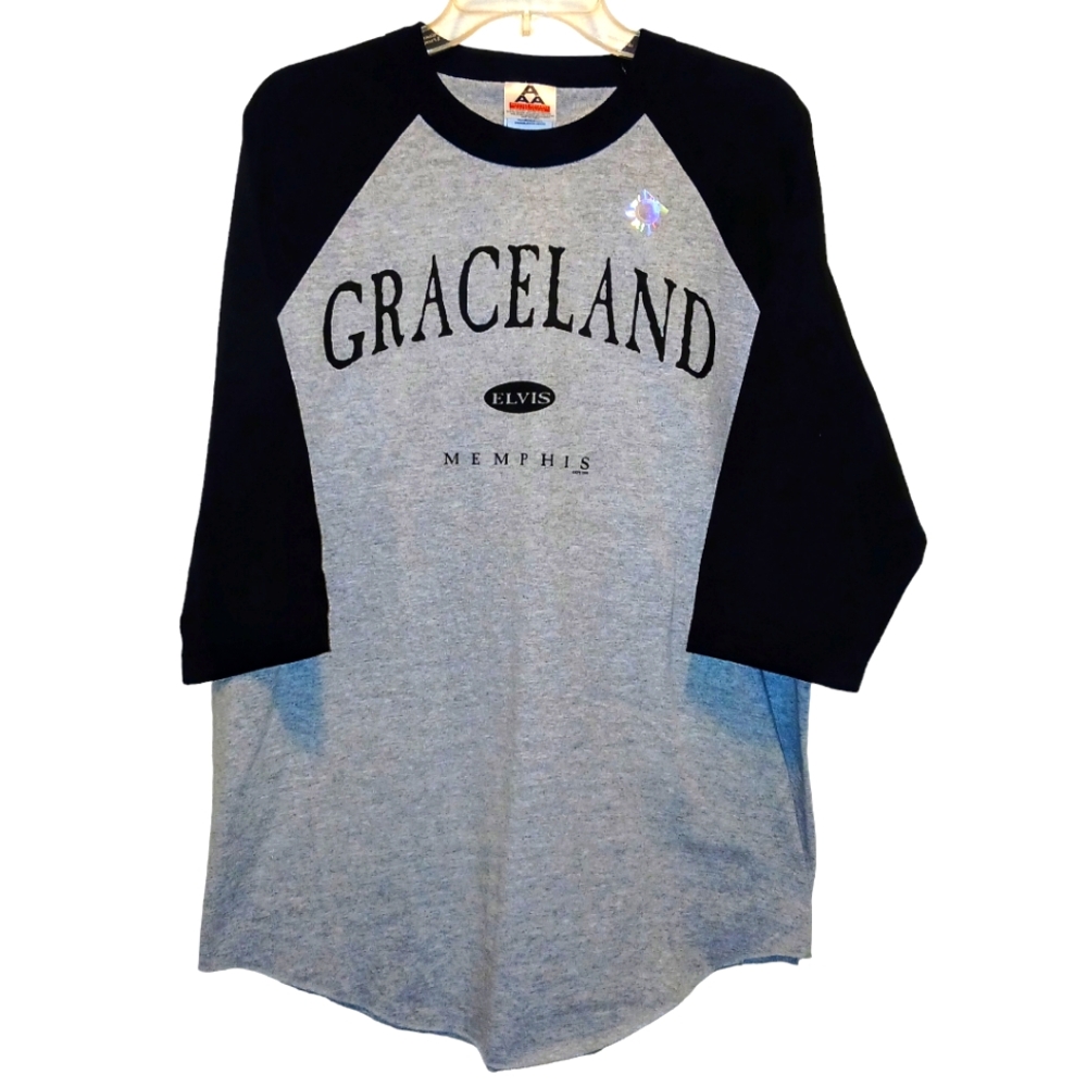 New 90's Vintage Elvis Graceland Memphis Black & Gray XL Baseball Style T-Shirt
